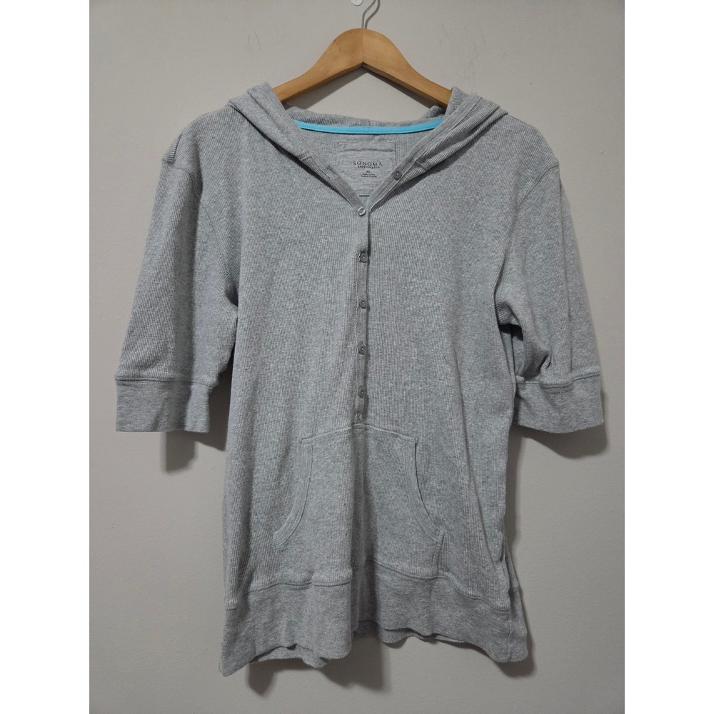 Sonoma Life Style Womens XL Gray Ribbed Cotton Button Front Short Sleeve Hoodie